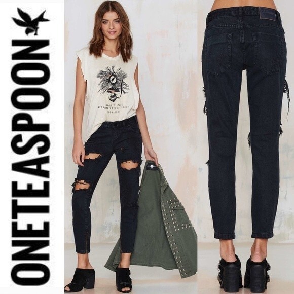 One Teaspoon Trashed Freebirds Jeans Fox Black Ripped Low Rise Distressed Y2K 24 - Picture 3 of 16
